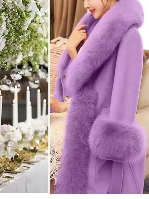 Hot Sales Double-sided Cashmere Coat Women Elegant Luxury Fox Fur Collar X-Long Over-knee Waist-Slim Large Size Woolen Coats 6XL