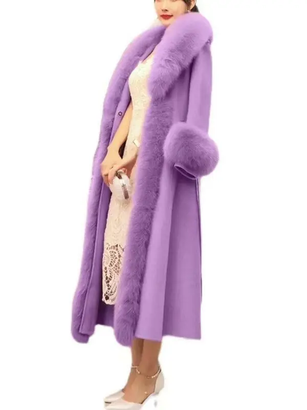 Hot Sales Double-sided Cashmere Coat Women Elegant Luxury Fox Fur Collar X-Long Over-knee Waist-Slim Large Size Woolen Coats 6XL