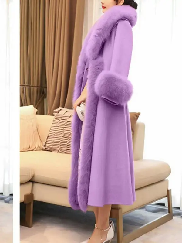 Hot Sales Double-sided Cashmere Coat Women Elegant Luxury Fox Fur Collar X-Long Over-knee Waist-Slim Large Size Woolen Coats 6XL