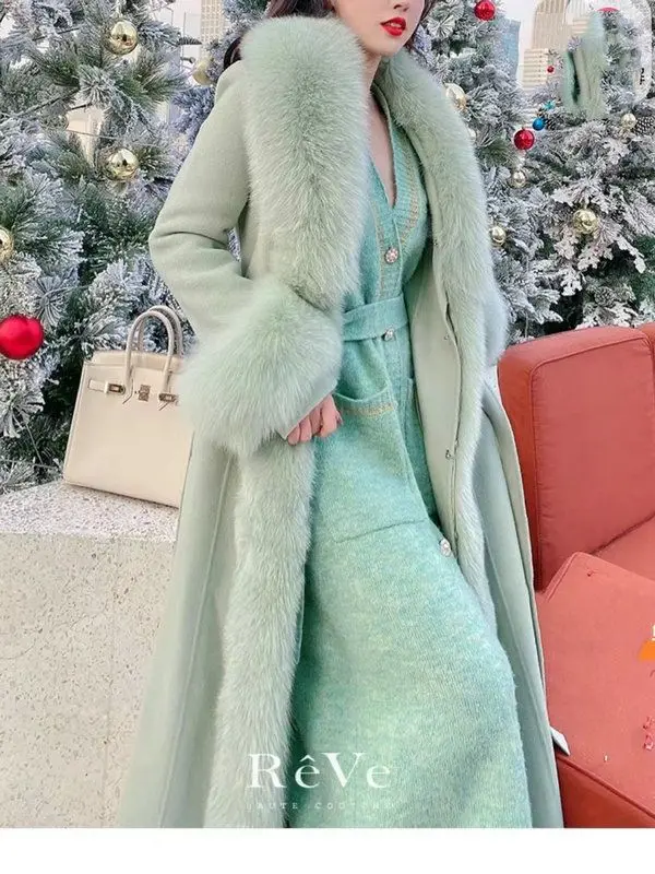 Hot Sales Double-sided Cashmere Coat Women Elegant Luxury Fox Fur Collar X-Long Over-knee Waist-Slim Large Size Woolen Coats 6XL