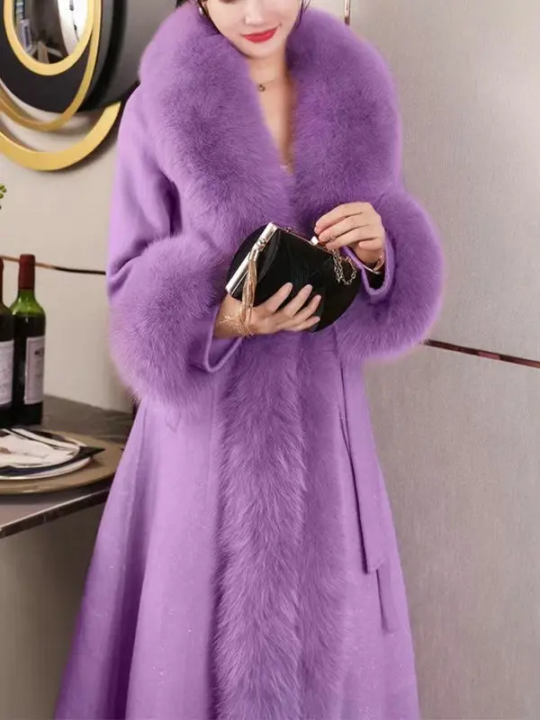 Hot Sales Double-sided Cashmere Coat Women Elegant Luxury Fox Fur Collar X-Long Over-knee Waist-Slim Large Size Woolen Coats 6XL