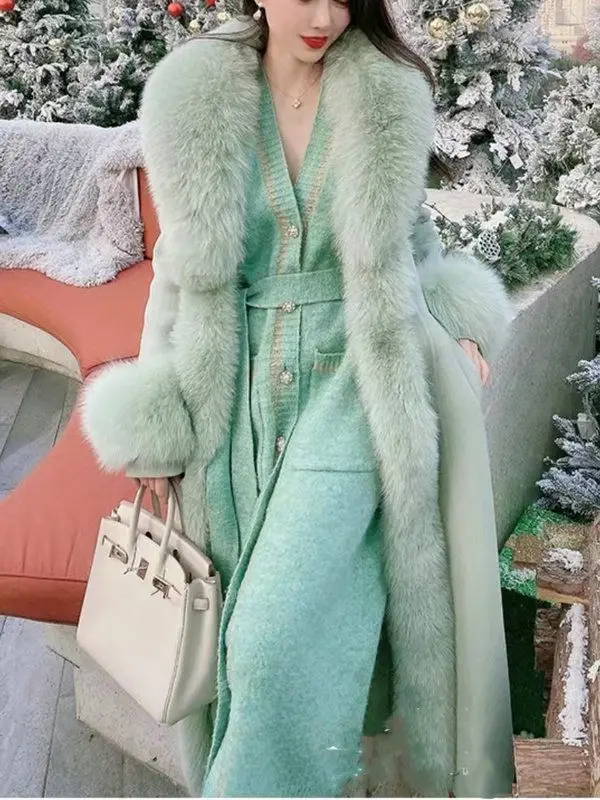 Hot Sales Double-sided Cashmere Coat Women Elegant Luxury Fox Fur Collar X-Long Over-knee Waist-Slim Large Size Woolen Coats 6XL
