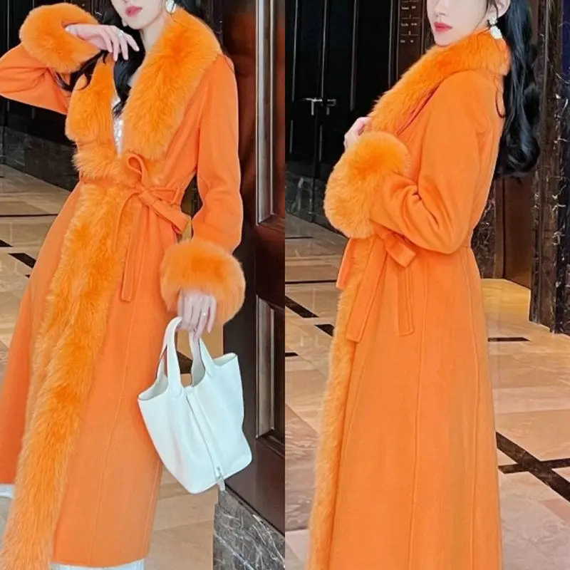 Hot Sales Double-sided Cashmere Coat Women Elegant Luxury Fox Fur Collar X-Long Over-knee Waist-Slim Large Size Woolen Coats 6XL