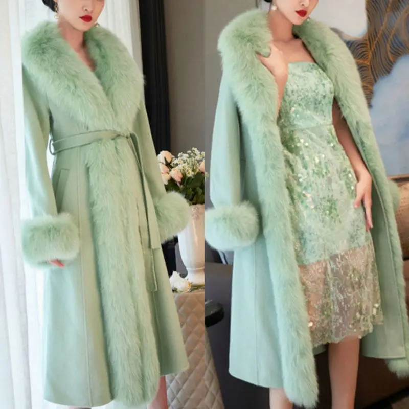 Hot Sales Double-sided Cashmere Coat Women Elegant Luxury Fox Fur Collar X-Long Over-knee Waist-Slim Large Size Woolen Coats 6XL