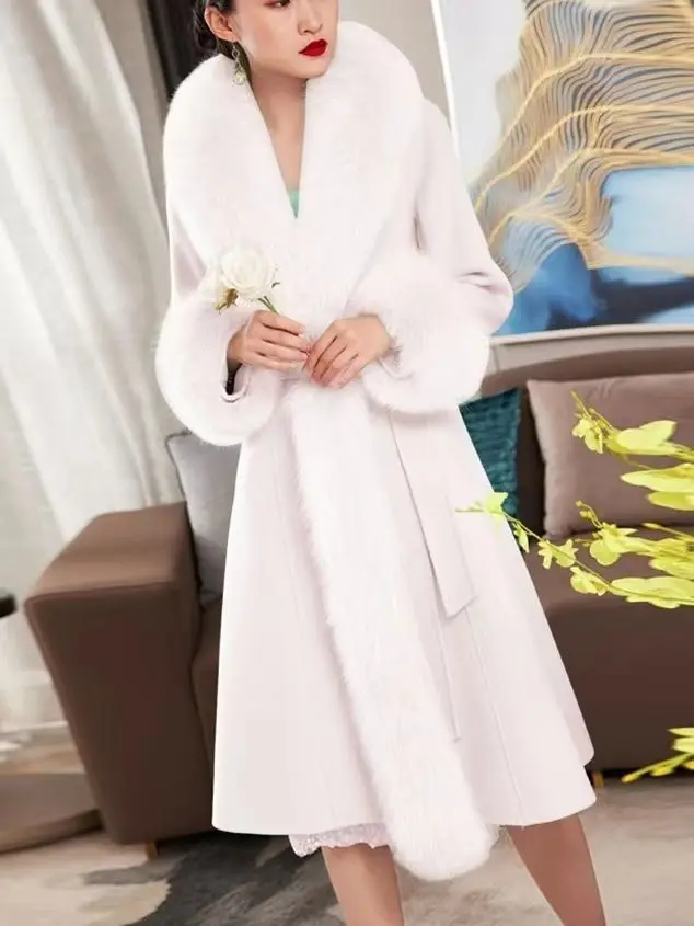 Hot Sales Double-sided Cashmere Coat Women Elegant Luxury Fox Fur Collar X-Long Over-knee Waist-Slim Large Size Woolen Coats 6XL