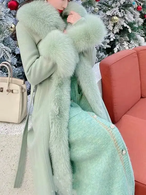 Hot Sales Double-sided Cashmere Coat Women Elegant Luxury Fox Fur Collar X-Long Over-knee Waist-Slim Large Size Woolen Coats 6XL