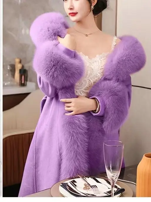 Hot Sales Double-sided Cashmere Coat Women Elegant Luxury Fox Fur Collar X-Long Over-knee Waist-Slim Large Size Woolen Coats 6XL