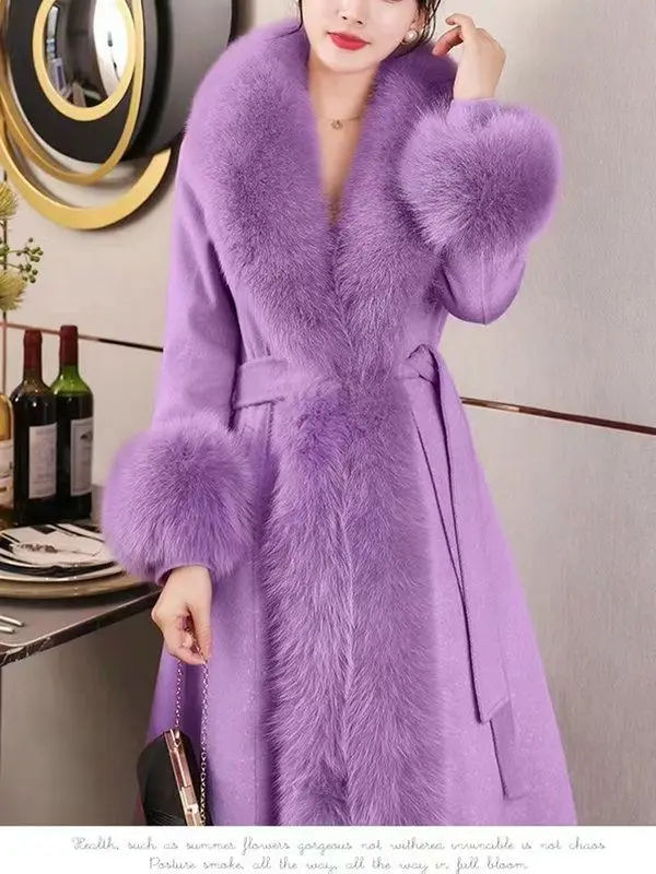 Hot Sales Double-sided Cashmere Coat Women Elegant Luxury Fox Fur Collar X-Long Over-knee Waist-Slim Large Size Woolen Coats 6XL