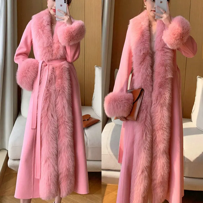 Hot Sales Double-sided Cashmere Coat Women Elegant Luxury Fox Fur Collar X-Long Over-knee Waist-Slim Large Size Woolen Coats 6XL