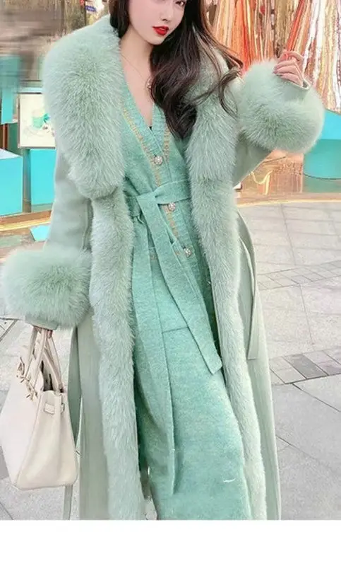 Hot Sales Double-sided Cashmere Coat Women Elegant Luxury Fox Fur Collar X-Long Over-knee Waist-Slim Large Size Woolen Coats 6XL