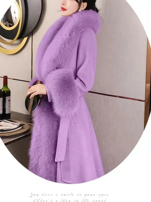 Hot Sales Double-sided Cashmere Coat Women Elegant Luxury Fox Fur Collar X-Long Over-knee Waist-Slim Large Size Woolen Coats 6XL