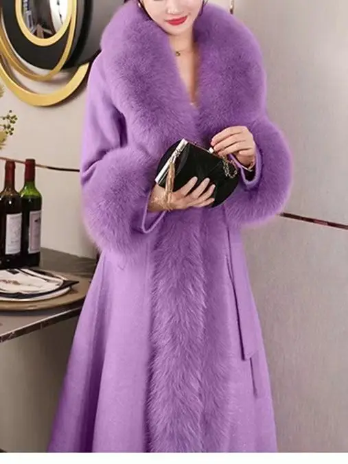 Hot Sales Double-sided Cashmere Coat Women Elegant Luxury Fox Fur Collar X-Long Over-knee Waist-Slim Large Size Woolen Coats 6XL
