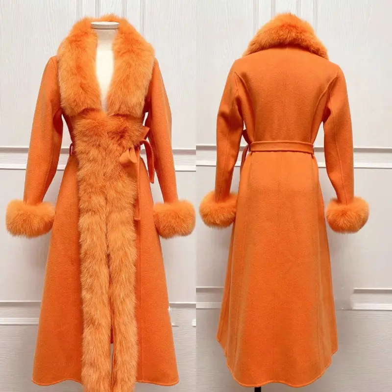Hot Sales Double-sided Cashmere Coat Women Elegant Luxury Fox Fur Collar X-Long Over-knee Waist-Slim Large Size Woolen Coats 6XL
