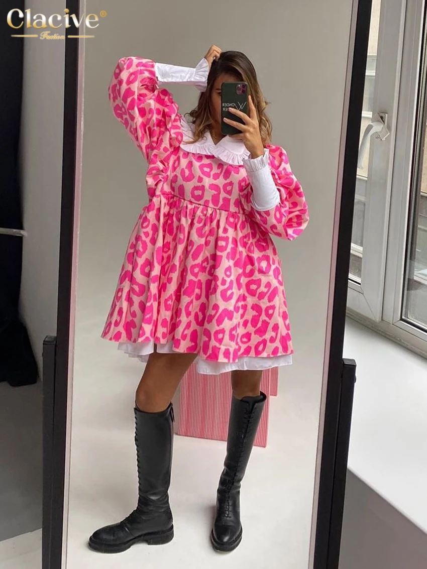 Clacive Fashion Print Women Dress 2022 Casual Chic Doll Collar Lantern Sleeve Mini Dresses Elegant Loose Patchwork Female Dress