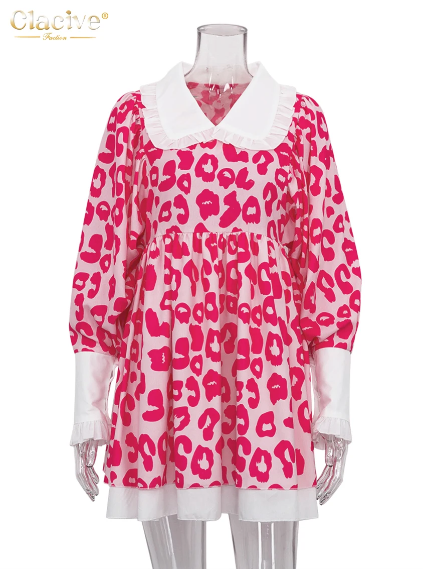 Clacive Fashion Print Women Dress 2022 Casual Chic Doll Collar Lantern Sleeve Mini Dresses Elegant Loose Patchwork Female Dress