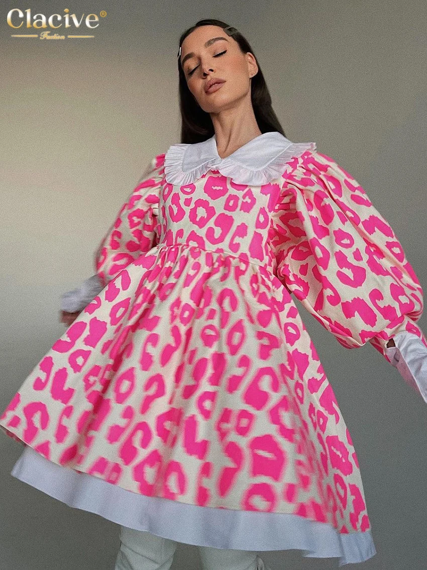 Clacive Fashion Print Women Dress 2022 Casual Chic Doll Collar Lantern Sleeve Mini Dresses Elegant Loose Patchwork Female Dress