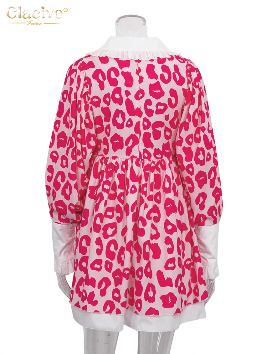 Clacive Fashion Print Women Dress 2022 Casual Chic Doll Collar Lantern Sleeve Mini Dresses Elegant Loose Patchwork Female Dress