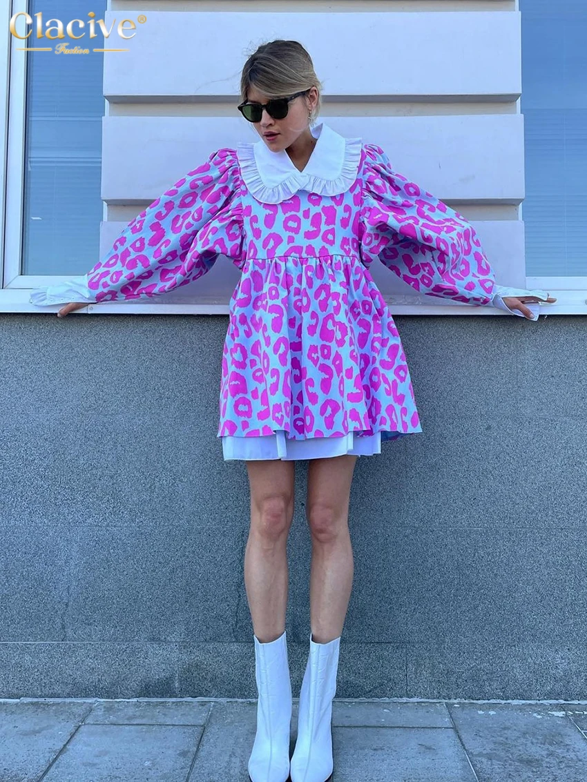 Clacive Fashion Print Women Dress 2022 Casual Chic Doll Collar Lantern Sleeve Mini Dresses Elegant Loose Patchwork Female Dress