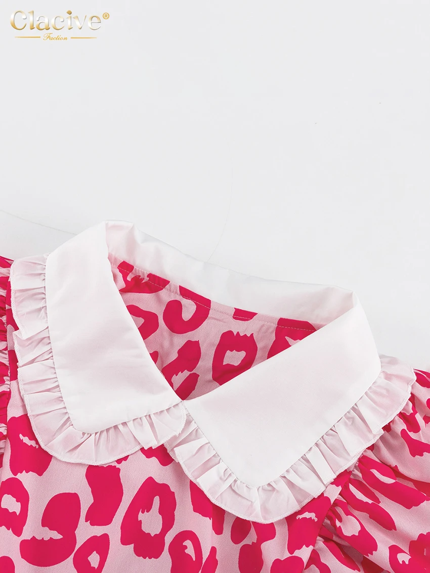 Clacive Fashion Print Women Dress 2022 Casual Chic Doll Collar Lantern Sleeve Mini Dresses Elegant Loose Patchwork Female Dress