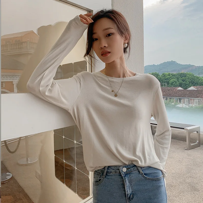 Soft Viscose Knitted Woman T-shirts Vintage Casual Loose Long Sleeve Harajuku Streetwear Women Tops 122723WTA