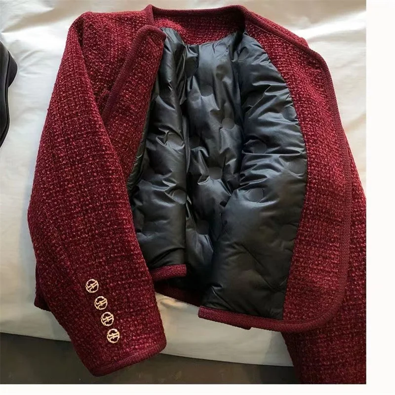 Winter Down Cotton Lined Cropped Jacket Women Korean Fashion Round Neck Tassel Tweed Coat Fashion Single Breasted Warm Outwear