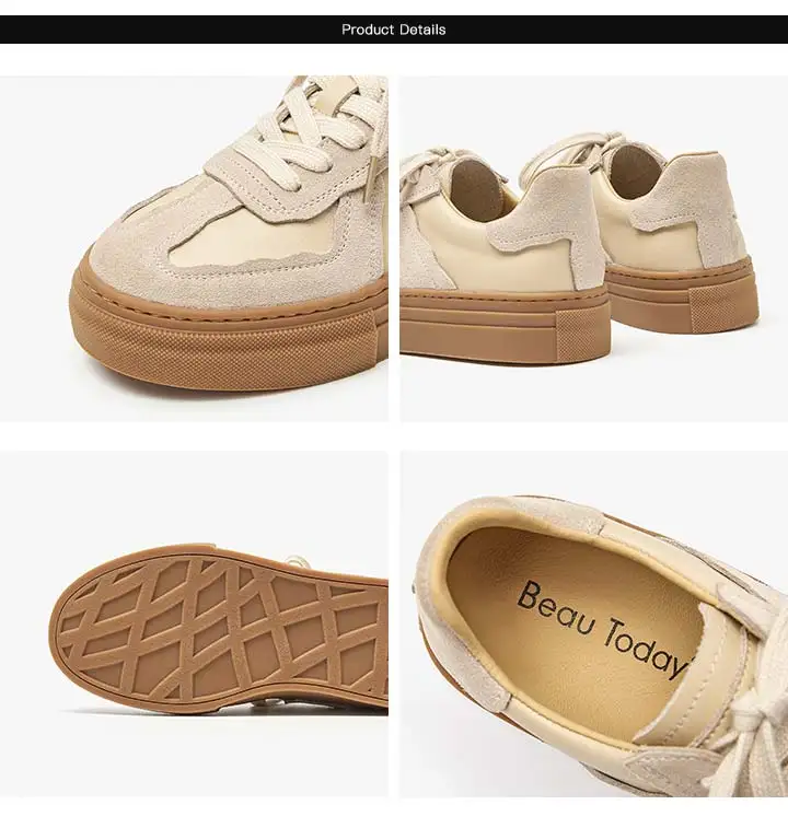 BeauToday Casual Sneakers Women Genuine Leather Patchwork Lace-Up Versatile 2023 Autumn Board Shoes Ladies Flats Handmade A29816
