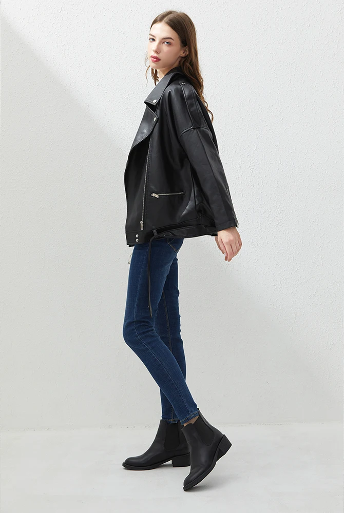 Fitaylor PU Faux Leather Jacket Women Loose Sashes Casual Biker Jackets Outwear Female Tops BF Style Black Leather Jacket Coat