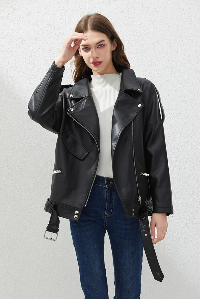 Fitaylor PU Faux Leather Jacket Women Loose Sashes Casual Biker Jackets Outwear Female Tops BF Style Black Leather Jacket Coat