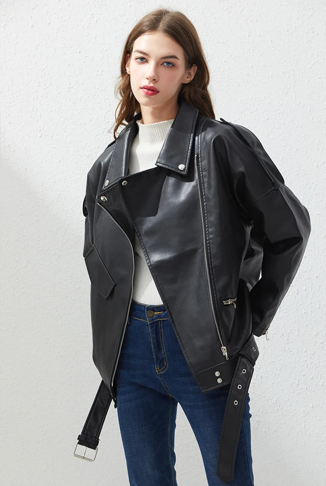 Fitaylor PU Faux Leather Jacket Women Loose Sashes Casual Biker Jackets Outwear Female Tops BF Style Black Leather Jacket Coat