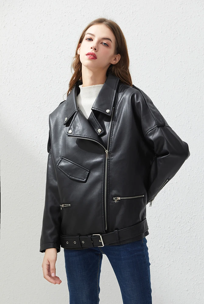 Fitaylor PU Faux Leather Jacket Women Loose Sashes Casual Biker Jackets Outwear Female Tops BF Style Black Leather Jacket Coat