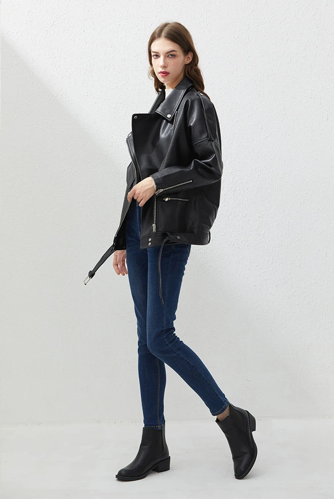 Fitaylor PU Faux Leather Jacket Women Loose Sashes Casual Biker Jackets Outwear Female Tops BF Style Black Leather Jacket Coat