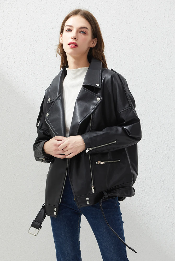 Fitaylor PU Faux Leather Jacket Women Loose Sashes Casual Biker Jackets Outwear Female Tops BF Style Black Leather Jacket Coat