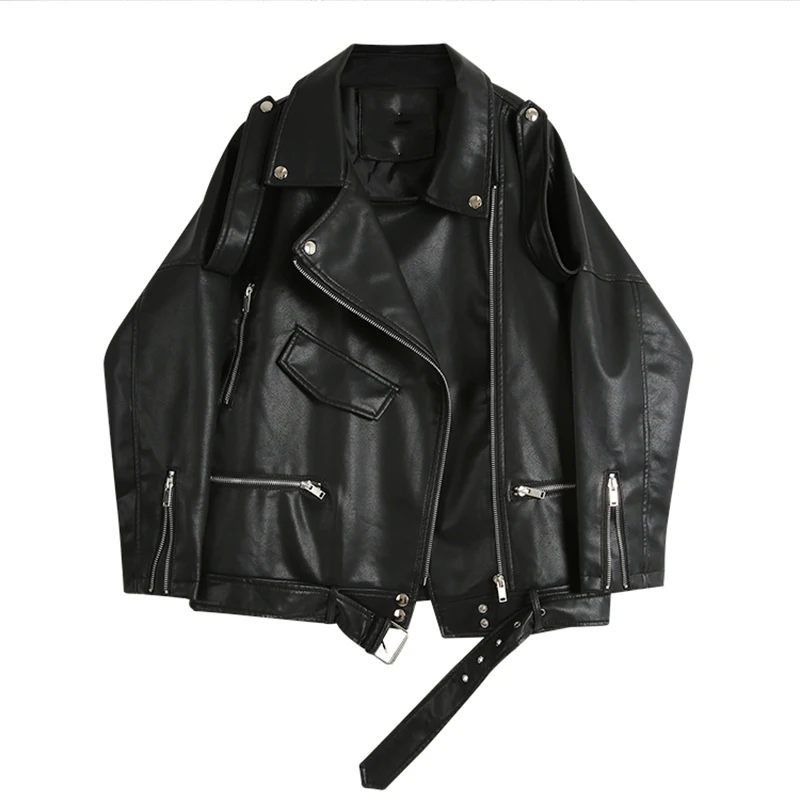 Fitaylor PU Faux Leather Jacket Women Loose Sashes Casual Biker Jackets Outwear Female Tops BF Style Black Leather Jacket Coat