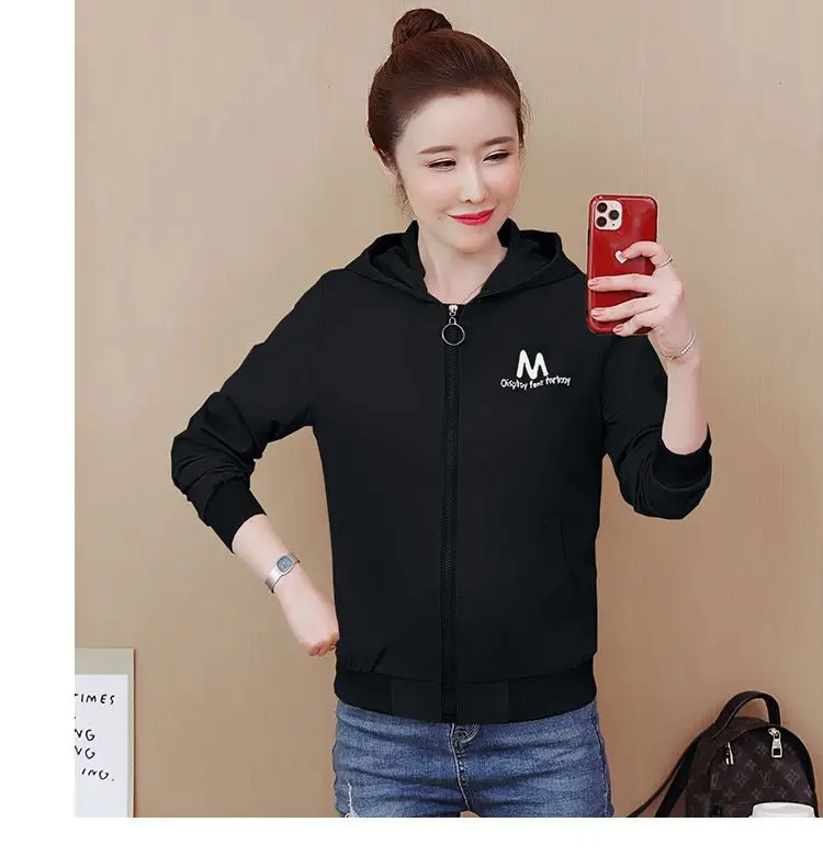 2025 New Women's Jacket Autumn Windbreaker Famale Long Sleeve Hooded Short Coat Zipper Casual Loose Basic Jacket Outerwear
