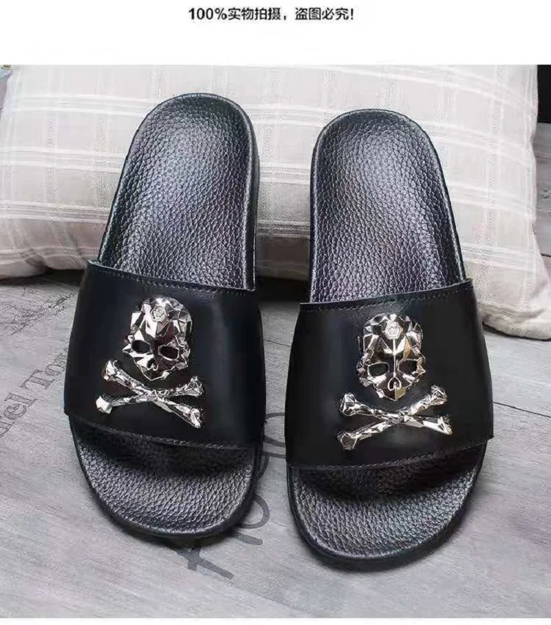 Summer Fashion Men's Leather Slippers Couple Beach Shoes Skull Sandals Slippers Antiskid Open Toe Flip Flops Big Size Slides