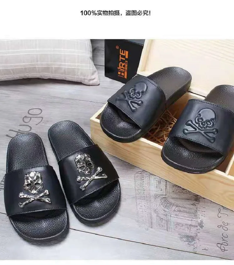 Summer Fashion Men's Leather Slippers Couple Beach Shoes Skull Sandals Slippers Antiskid Open Toe Flip Flops Big Size Slides