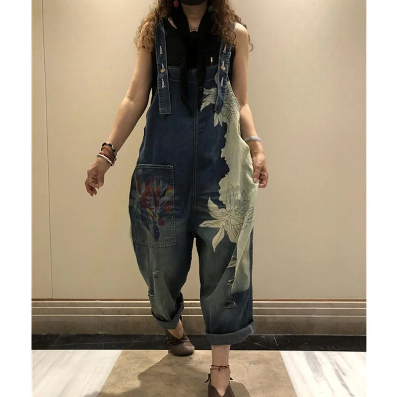 Amax LuluE 2025 Korean Fashion Spring Female Printed Denim Overalls Ladies Vintage Casual Jeans Women Loose Trousers Wide Pants