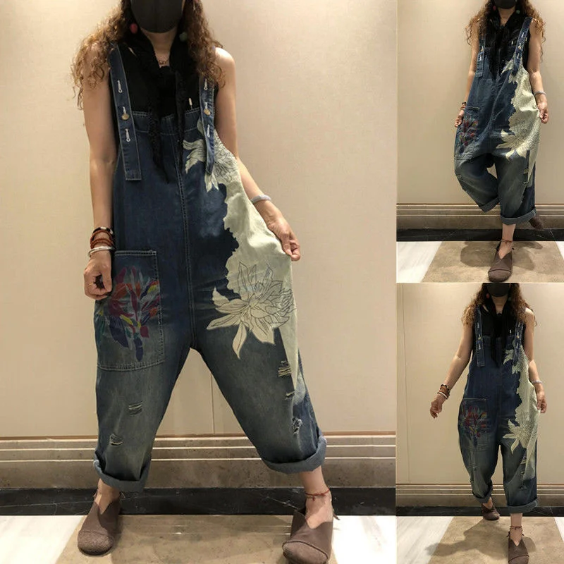 Amax LuluE 2025 Korean Fashion Spring Female Printed Denim Overalls Ladies Vintage Casual Jeans Women Loose Trousers Wide Pants