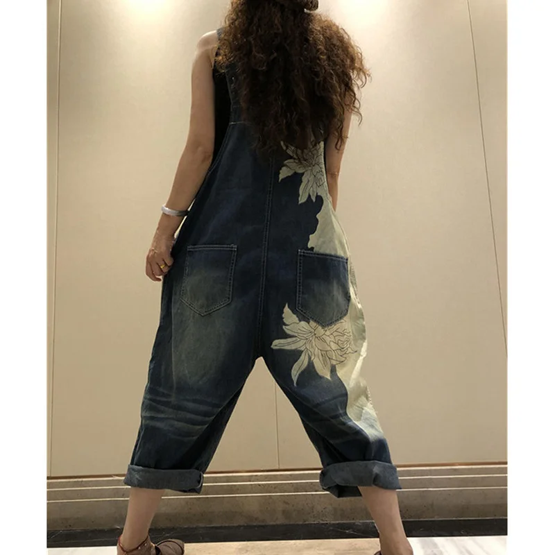 Amax LuluE 2025 Korean Fashion Spring Female Printed Denim Overalls Ladies Vintage Casual Jeans Women Loose Trousers Wide Pants