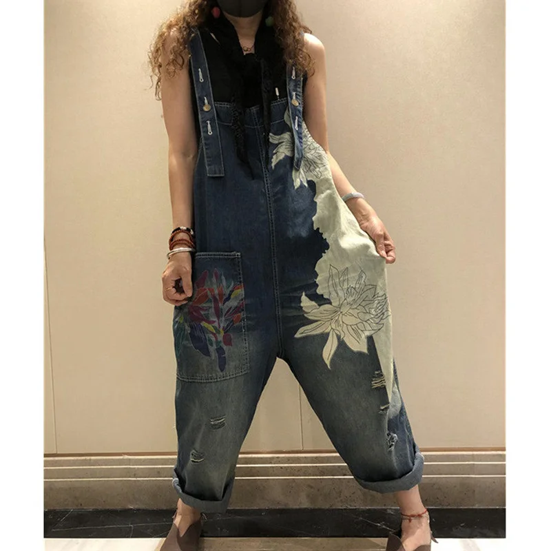 Amax LuluE 2025 Korean Fashion Spring Female Printed Denim Overalls Ladies Vintage Casual Jeans Women Loose Trousers Wide Pants
