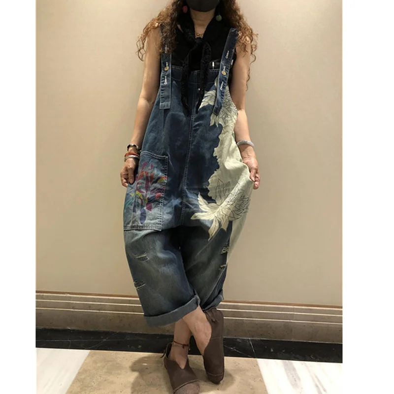 Amax LuluE 2025 Korean Fashion Spring Female Printed Denim Overalls Ladies Vintage Casual Jeans Women Loose Trousers Wide Pants