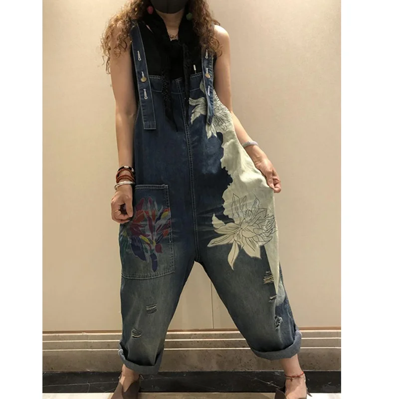 Amax LuluE 2025 Korean Fashion Spring Female Printed Denim Overalls Ladies Vintage Casual Jeans Women Loose Trousers Wide Pants