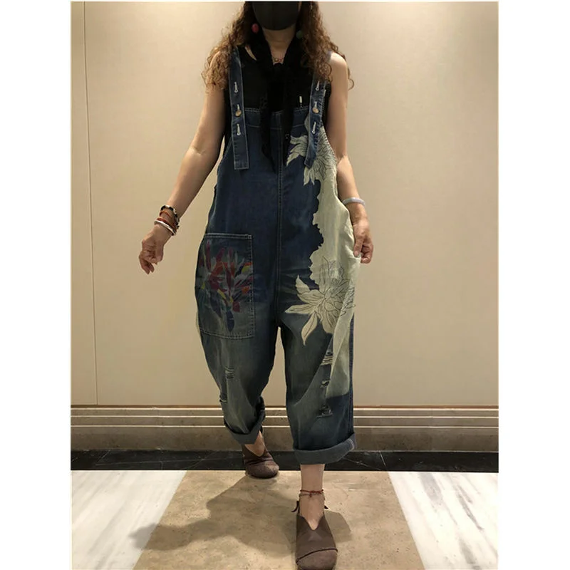 Amax LuluE 2025 Korean Fashion Spring Female Printed Denim Overalls Ladies Vintage Casual Jeans Women Loose Trousers Wide Pants