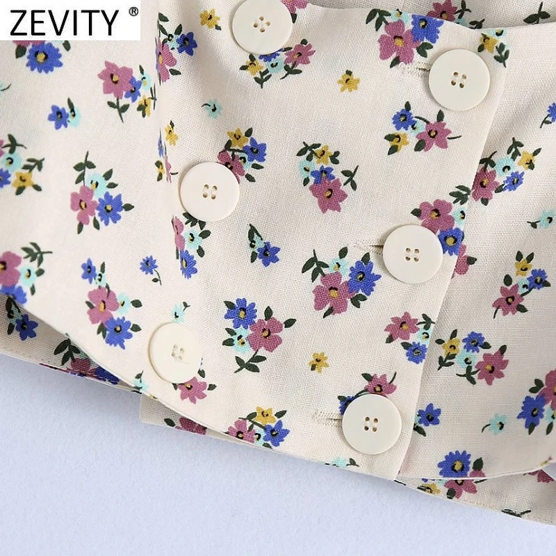 Women Vintage Square Collar Floral Print Short Shirt Double Breasted Casual Linen Blouses Lady Roupas Femininas Crop Tops LS9182
