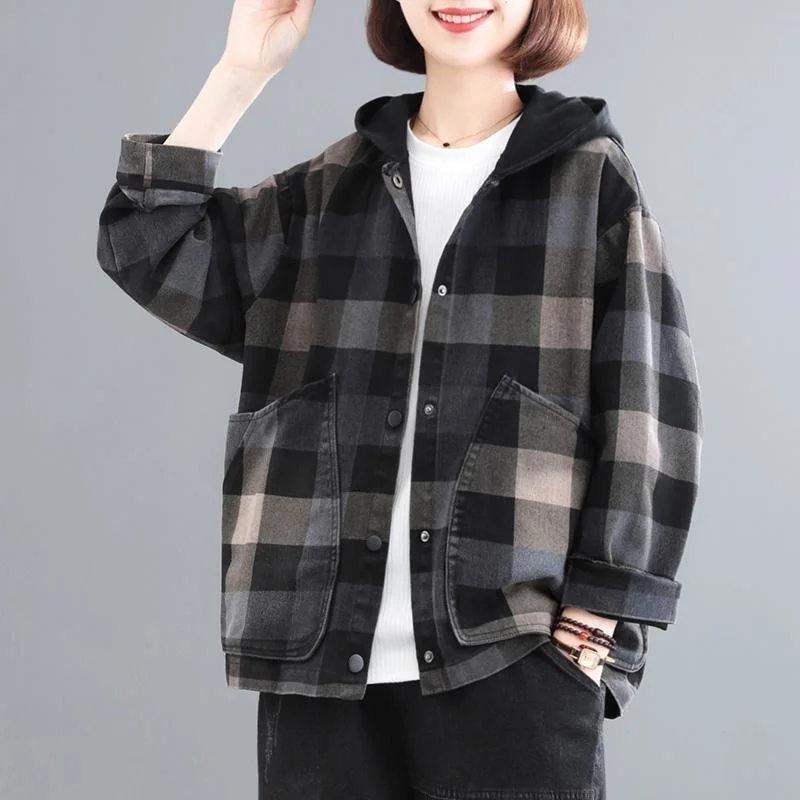 Amax luluE 2025 New Autumn Style Plaid Printed Jackets Hooded Woman Pockets Vintage Clothing Ladies Loose Casual Buttons Coats