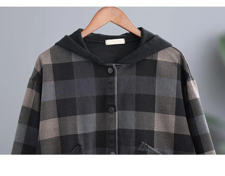Amax luluE 2025 New Autumn Style Plaid Printed Jackets Hooded Woman Pockets Vintage Clothing Ladies Loose Casual Buttons Coats
