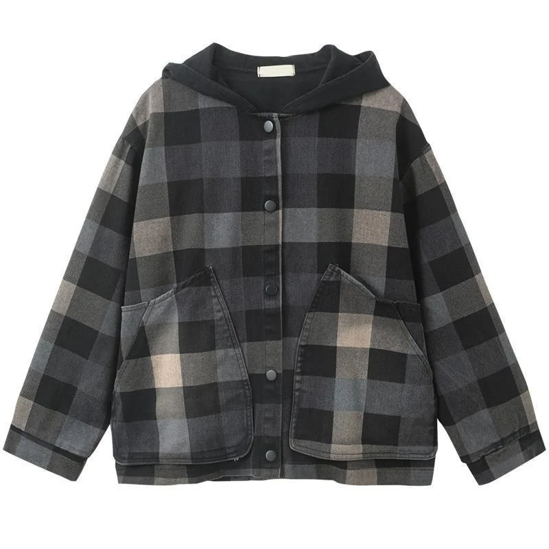 Amax luluE 2025 New Autumn Style Plaid Printed Jackets Hooded Woman Pockets Vintage Clothing Ladies Loose Casual Buttons Coats