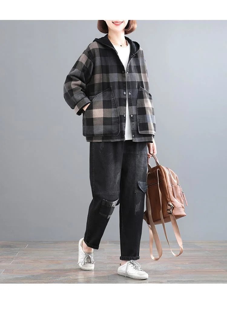 Amax luluE 2025 New Autumn Style Plaid Printed Jackets Hooded Woman Pockets Vintage Clothing Ladies Loose Casual Buttons Coats