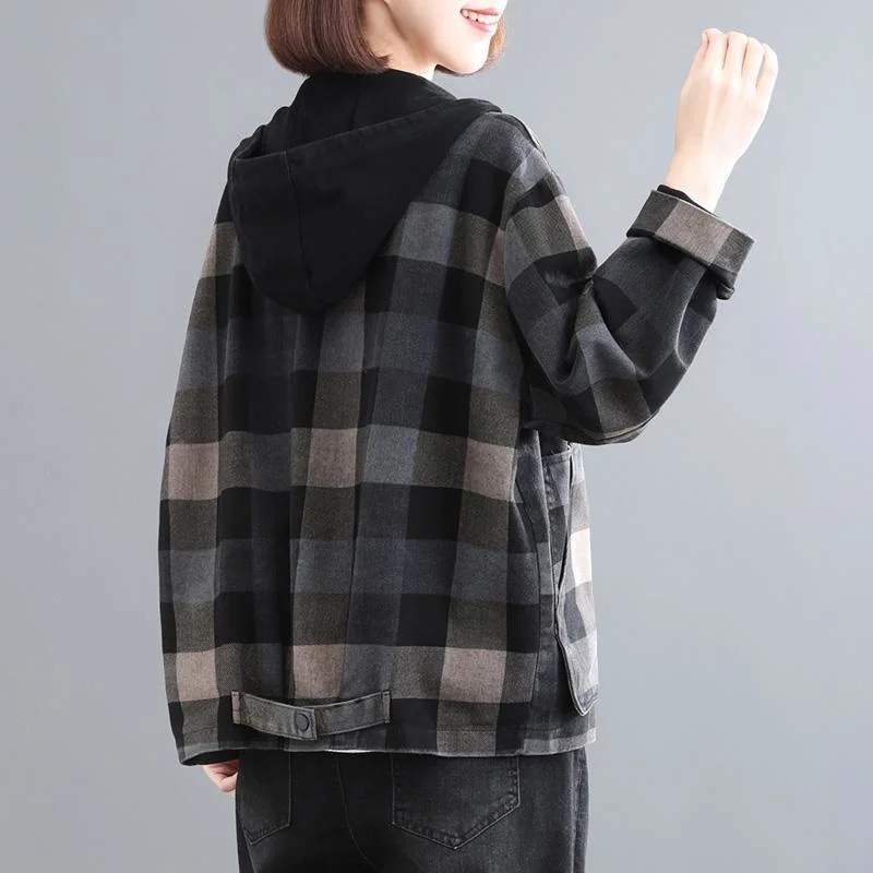 Amax luluE 2025 New Autumn Style Plaid Printed Jackets Hooded Woman Pockets Vintage Clothing Ladies Loose Casual Buttons Coats