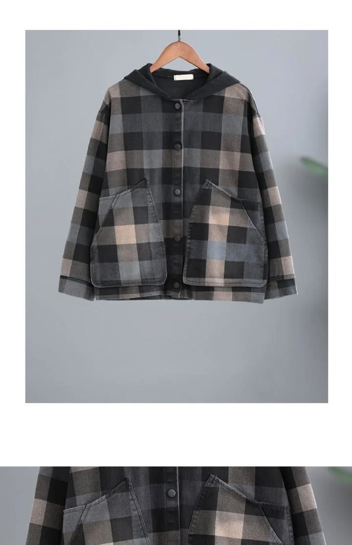 Amax luluE 2025 New Autumn Style Plaid Printed Jackets Hooded Woman Pockets Vintage Clothing Ladies Loose Casual Buttons Coats